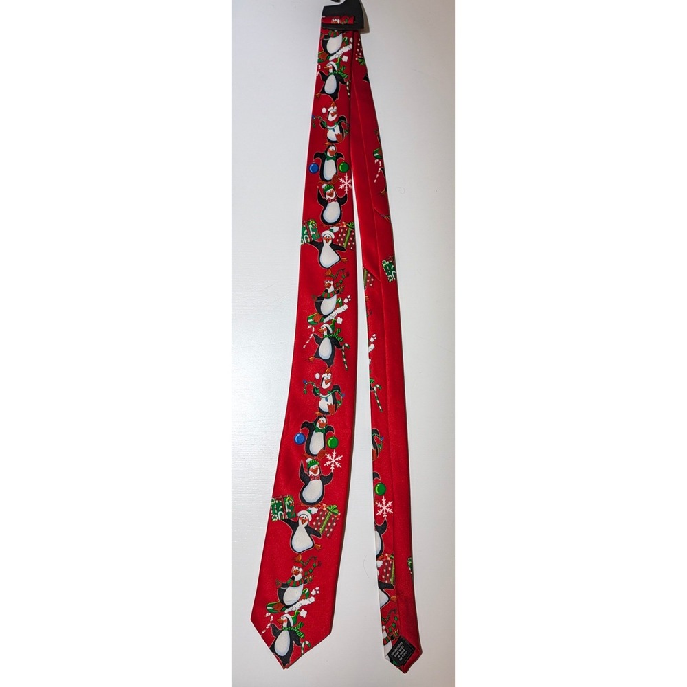 Hallmark Yule Tie Greetings Mens Red Christmas Penguin Holiday Necktie Novelty